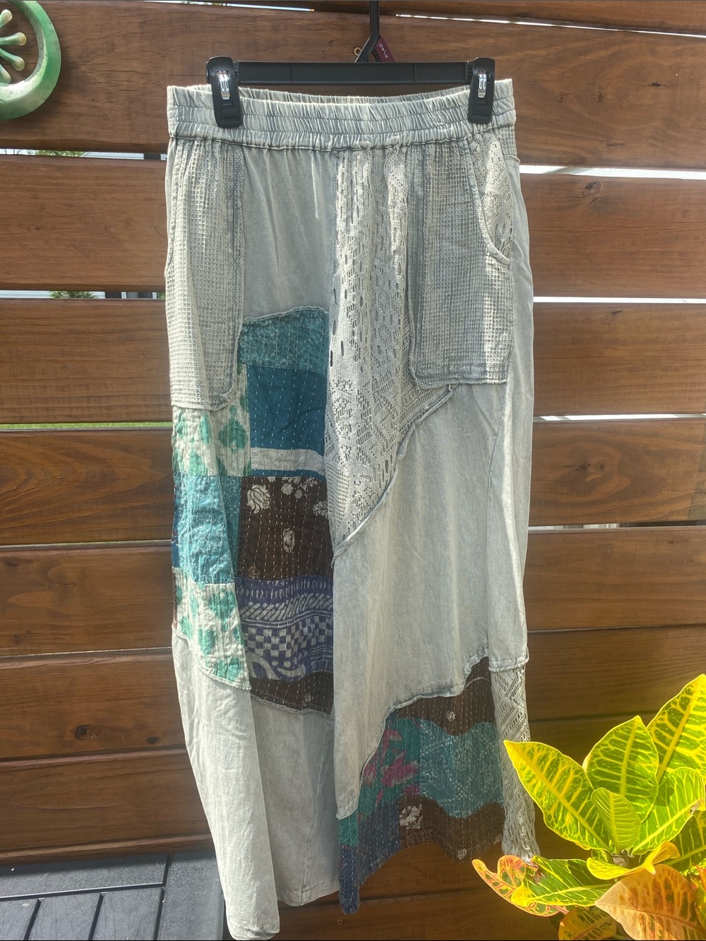 POL Patchwork Boho 
Pants - Light Gray with Teal wide leg
